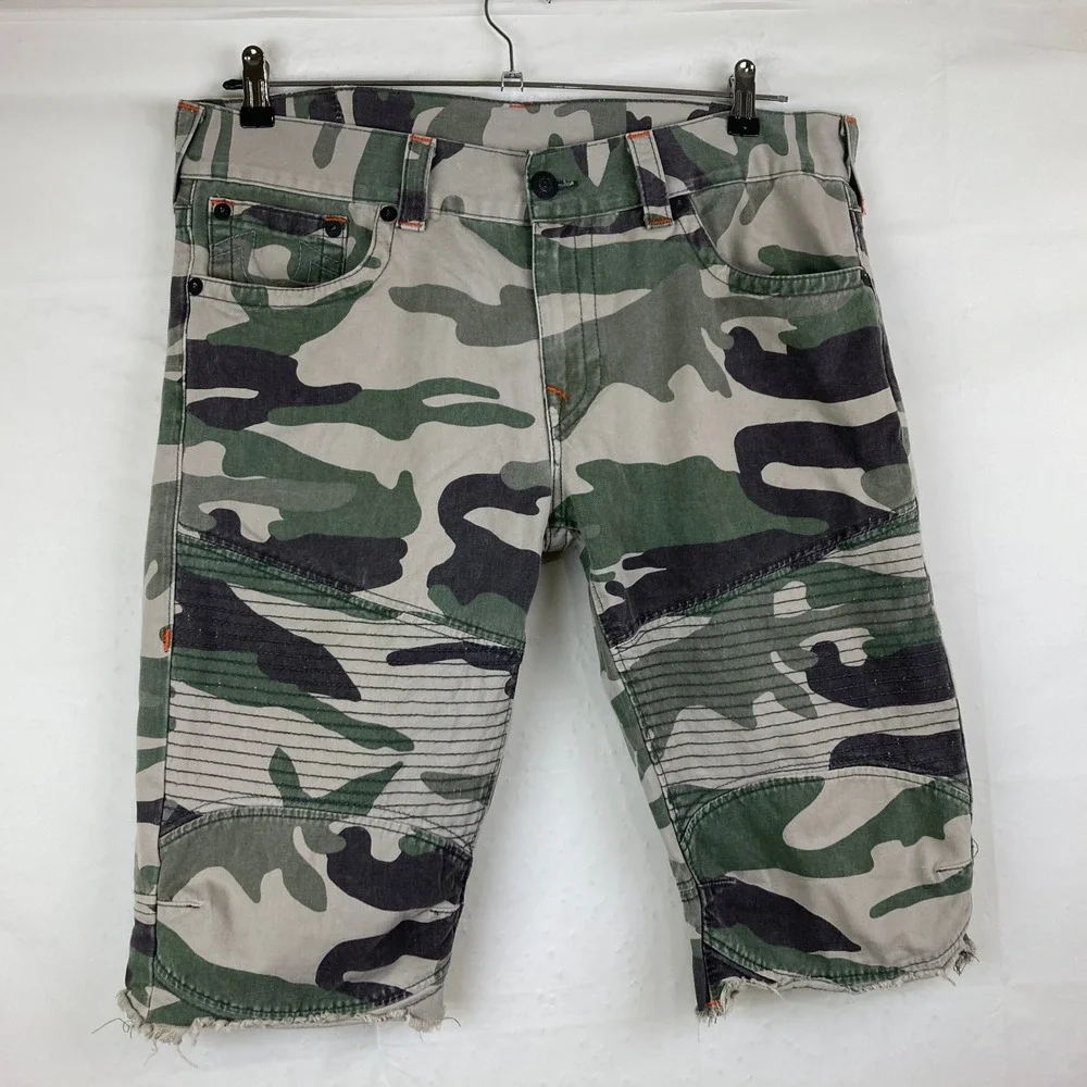 True Religion Moto Shorts Men 36 Green Camo Ribbed Biker Grunge Streetwear Y2K